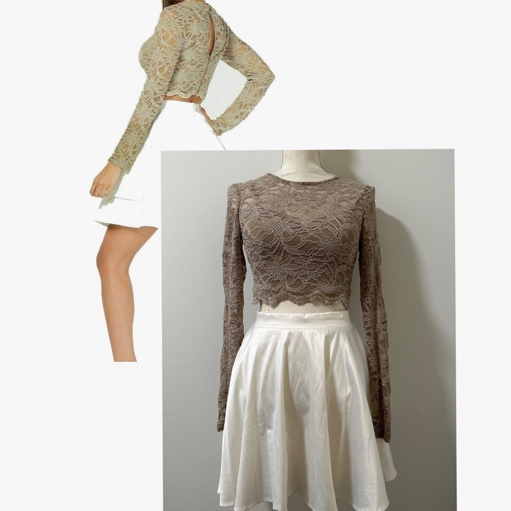 City Studio Warm Grey Lace Top with White Mini Skirt Dress